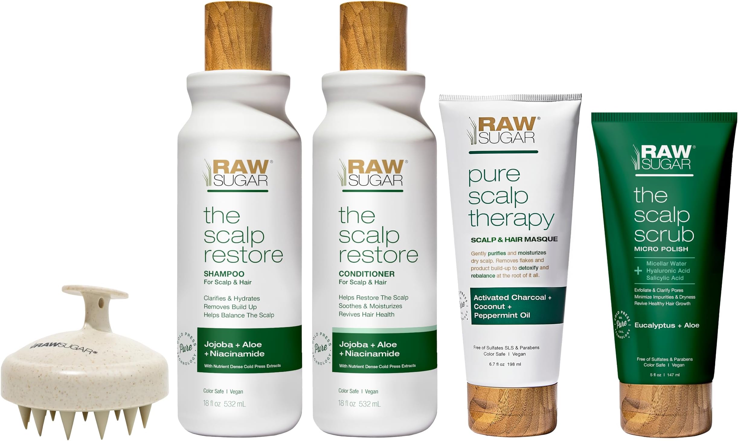 Raw Sugar Dry Scalp Treatment & Hair Care Bundle (5 Products) Intensive Ritual At Home Spa Kit, Shampoo, Conditioner, Scalp Scrub, Hair Mask & Massager, Formulated without Sulfates & Parabens