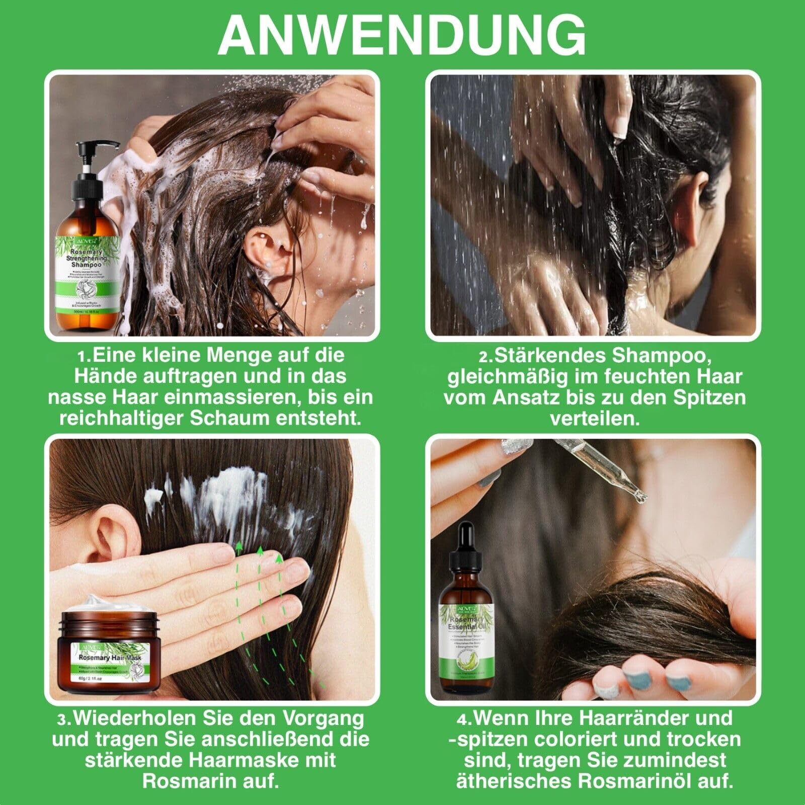 P-Beauty Rosmarin Haarpflege Set2 - Haarmaske 60g, Rosmarinöl 60ml, Shampoo 300ml & Conditioner 300ml, für Haarwachstum & Kopfhaut | Haarpflegekur, Haarpflegeöl, Stärkungsshampoo, Haarspülung Set