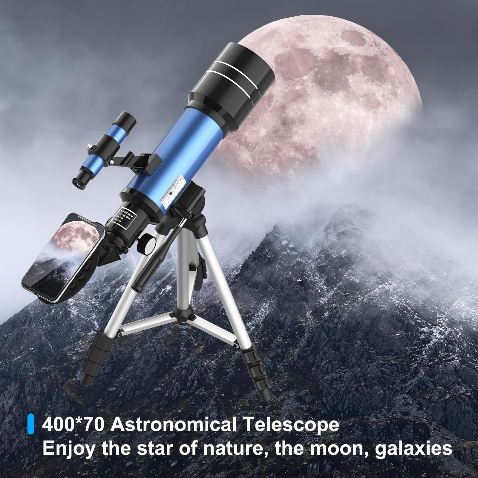 Telescopio Astronomico Bambini Adulti Principianti, 40070 mm Telescopio Rifrattore Portatile con Treppiede Regolabile e Mirino, Facile da Montare e da Utilizzare, Regali per Bambini