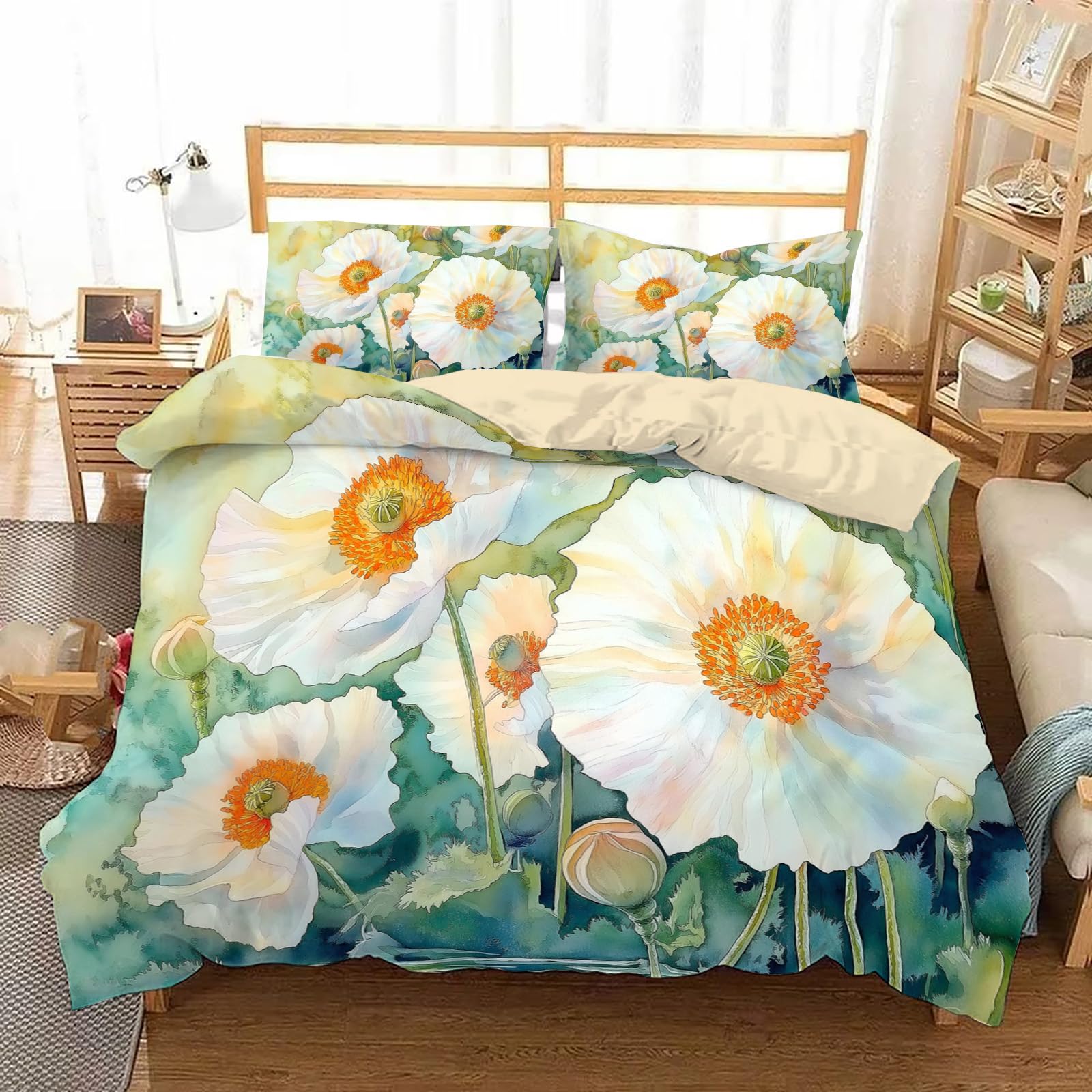 Housse de couette 220x240 pavot blanc pour une ambiance nature et aquarelle verte