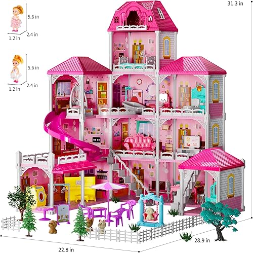 Miniatura 2 de TEMI Casa de muñecas para niños de 3, 4, 5, 6 años para niñas, casa de juegos de 3 pisos y 8 habitaciones con 2 figuras de juguete, casa de muñecas