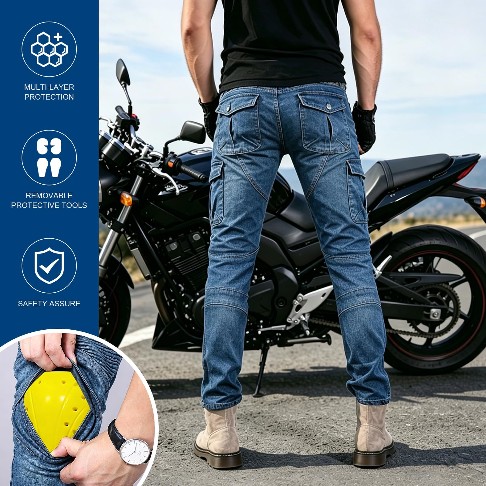 Herren-Motorradjeans, Schützende Motorrad-Reithose, Aus Bequemem Und Atmungsaktivem Stoff Mit Sicherheitsschutzvorrichtung