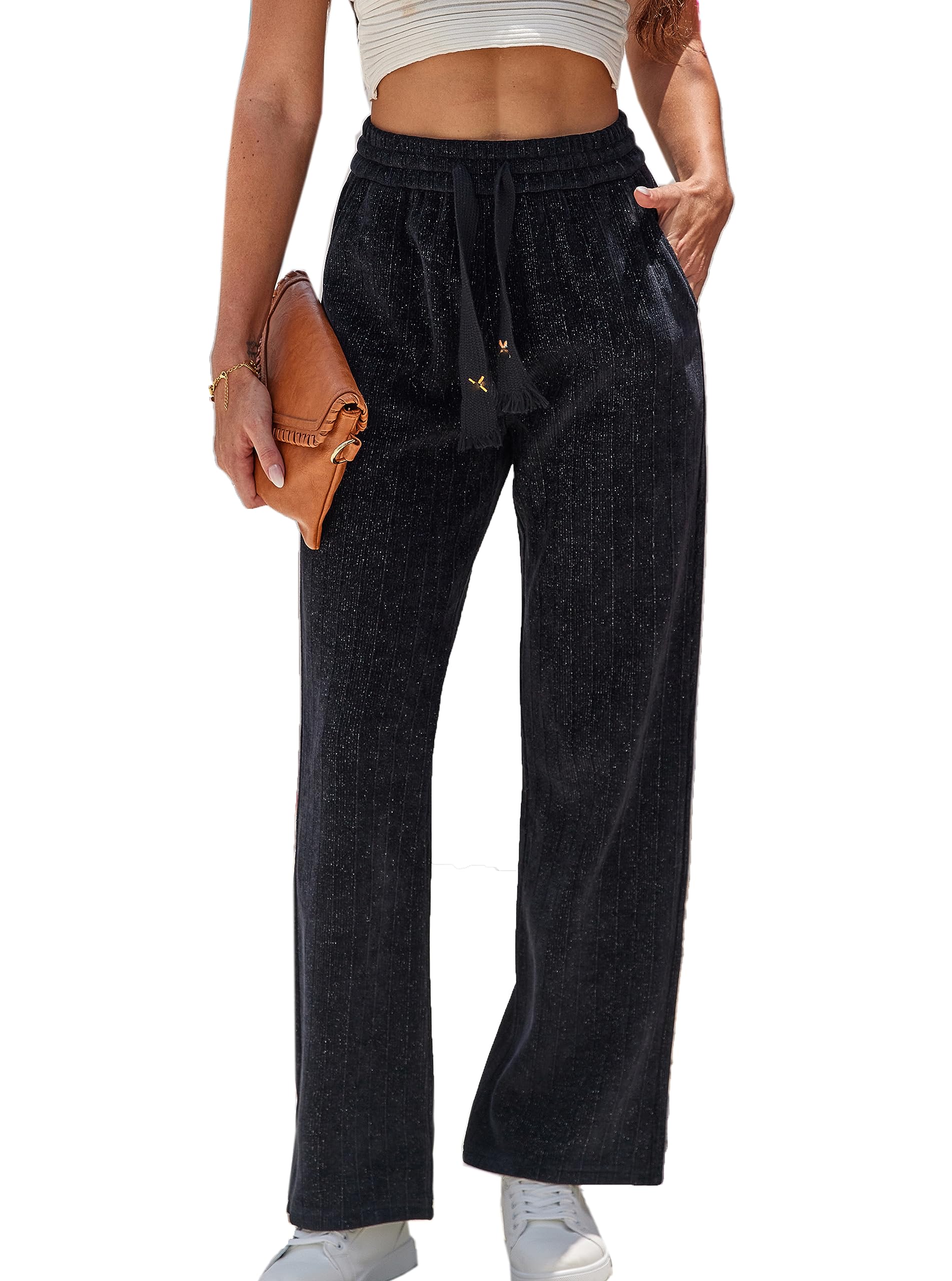 heipeiwaWomen's Fall Winter Corduroy Wide Leg Sequin Sparkle Ribbed Party Casual Pants Trouser