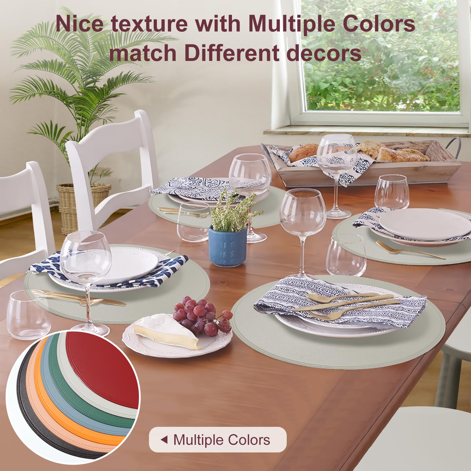 Rinpon Round Vinyl Placemats Set of 6, Faux Leather Waterproof Wipeable Heat Resistant Place Mats, Washable Oil-Proof - Image 3