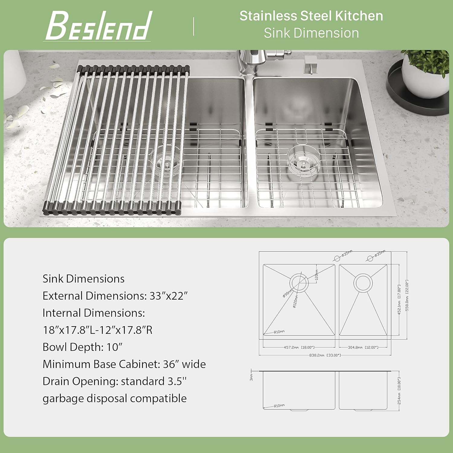 33 Inch Drop In Kitchen Sink-Beslend Topmount Stainless Steel 16 Gauge Double Bowl Sink 60/40-33"x22"x10" Kitchen Basin