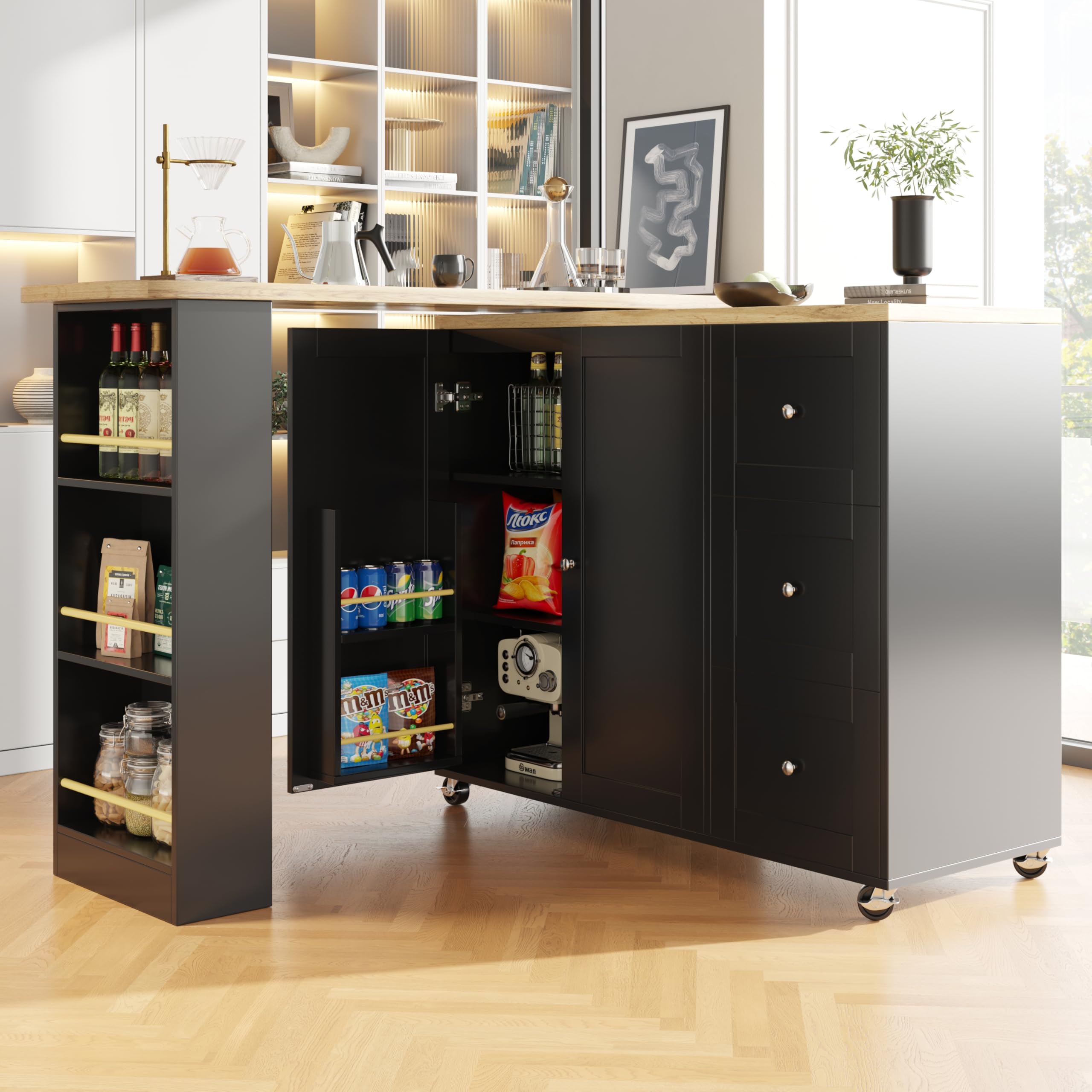 SogesHome Mesa de bar giratoria 360° con isla de cocina, carrito de cocina, isla de almacenamiento con ruedas con 3 cajones, 2 puertas, porta aperitivos y estante lateral para cocina, comedor, salón,