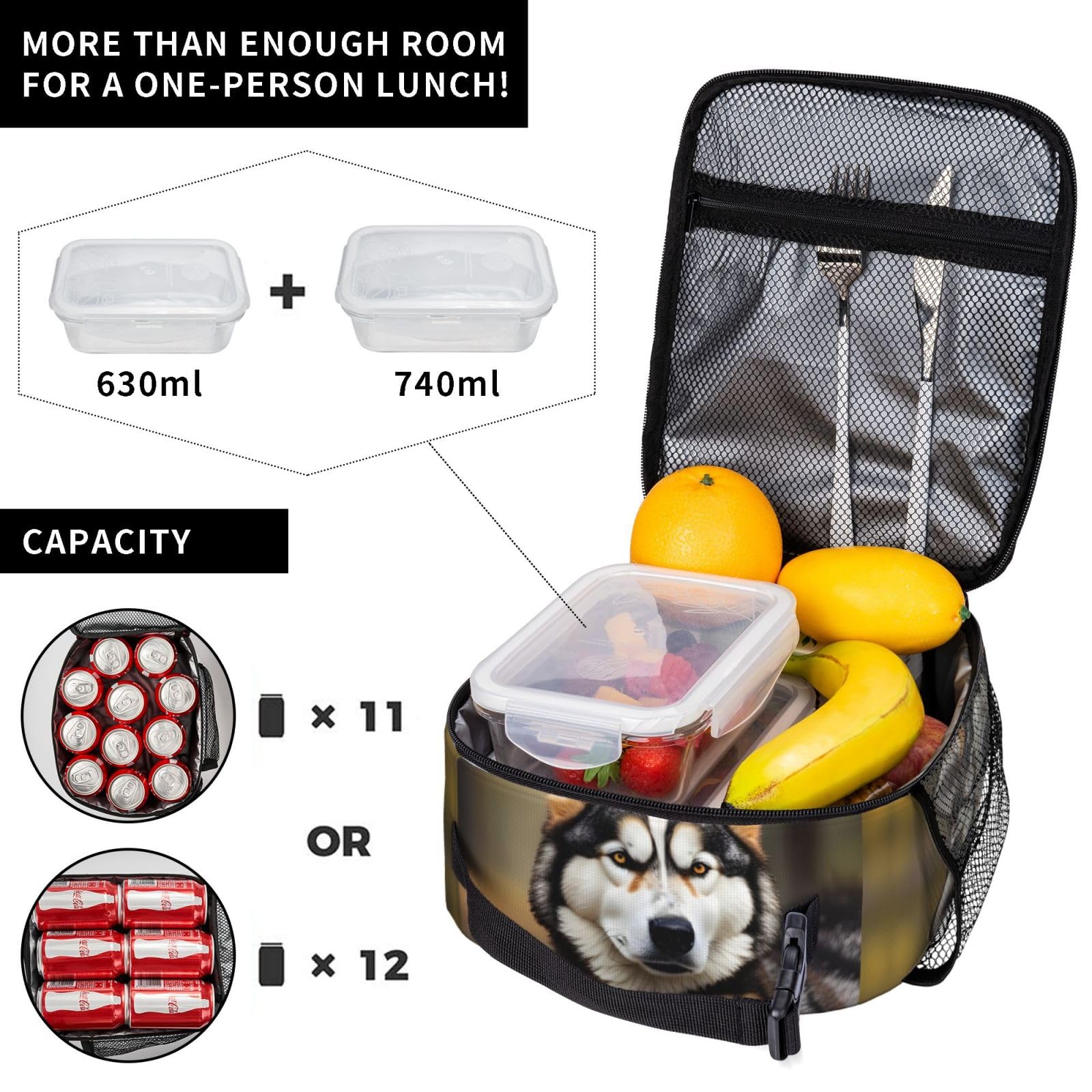 Borsa per il pranzo per adulti, scatola per lavoro/picnic/viaggi, borse a prova di perdite adatte per impacchi di ghiaccio, borsa termica carina Huskys