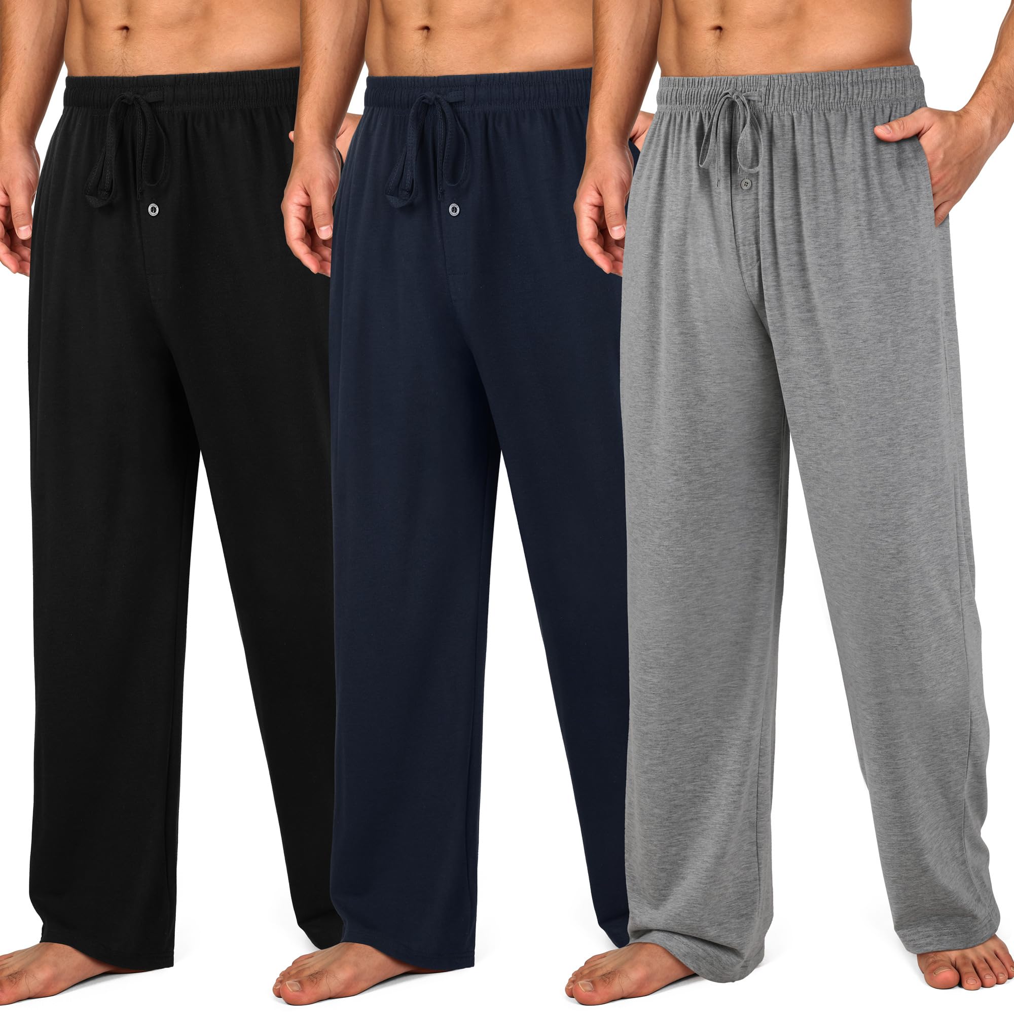 wenouy 3 Pack Mens Cotton Pajama Pants, Lightweight Lounge Pj Bottoms for Men Soft Sleep Pants with Pockets & Drawstring-picture-48