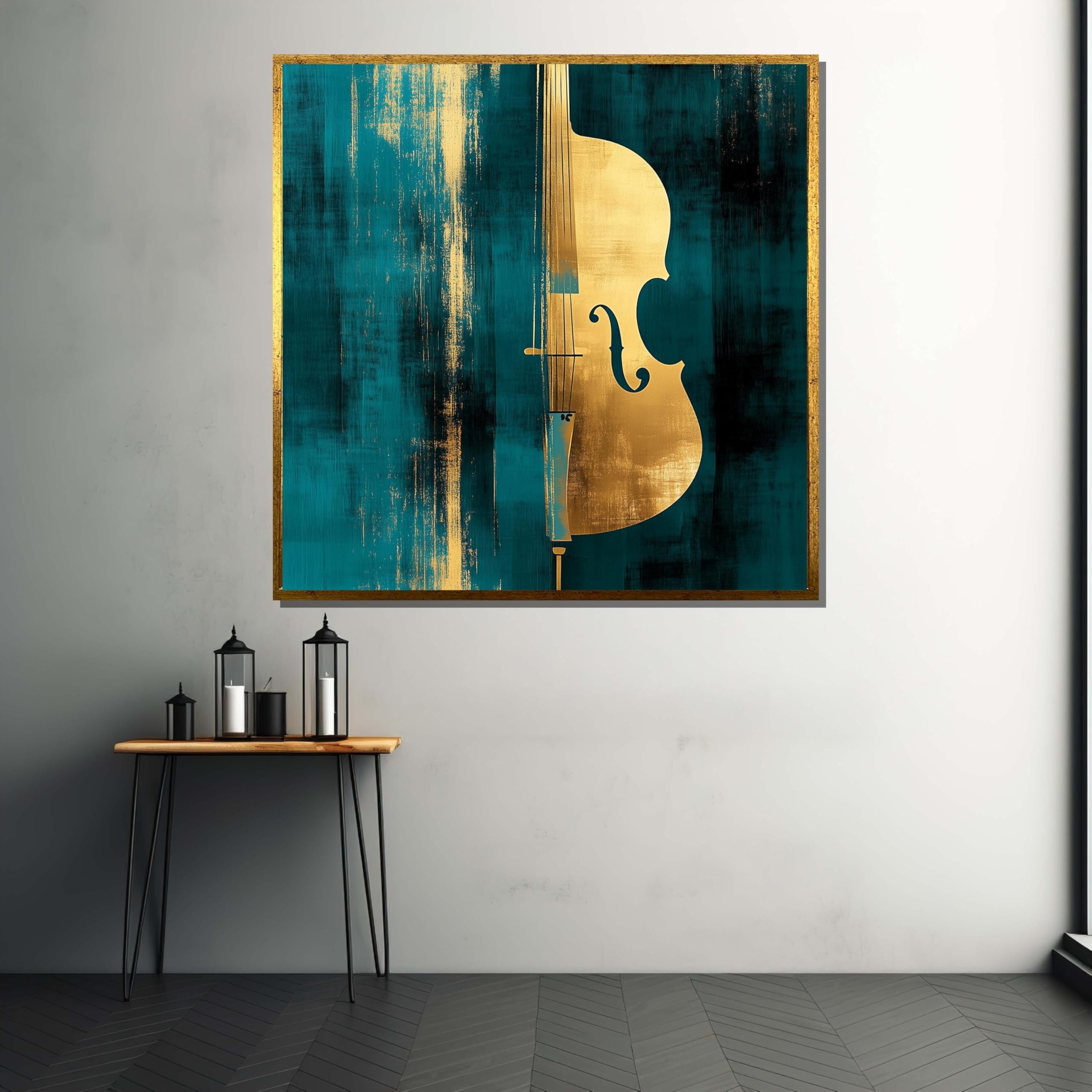 Tableau abstrait violoncelle doré décoration murale musicale turquoise