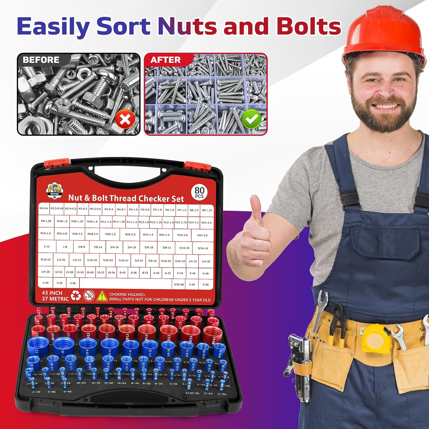 80 Pcs Nut and Bolt Thread Checker Set with 43 Inch and 37 Metric Thread Gauge Ideal for Tight Spaces Includes SAE and Metric Sizes Perfect for Bolt Thread Checker and Nut and Bolt Checker Set