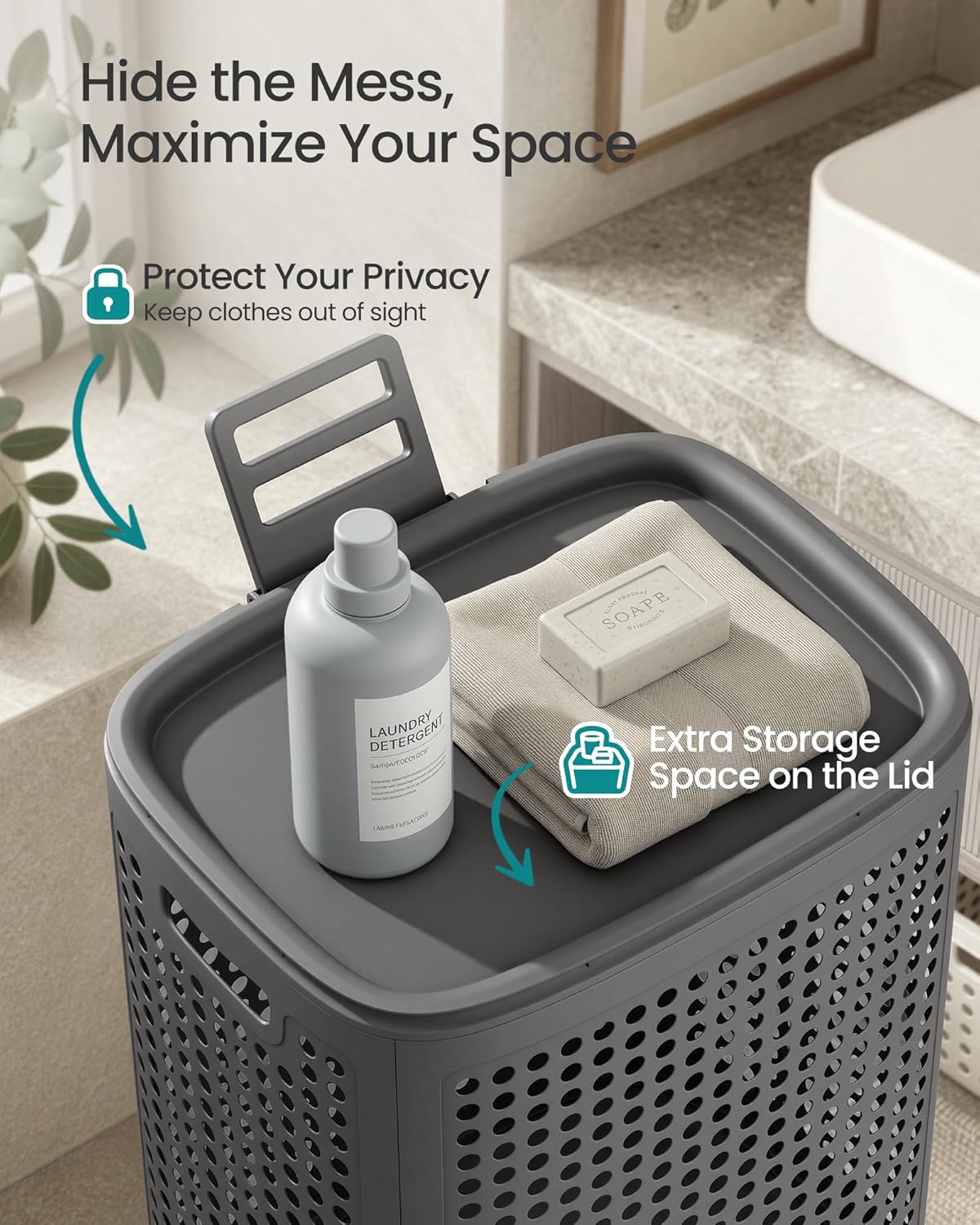 SONGMICS Laundry Hamper with Lid, 75 L Ventilated Basket, Cutout Handles image 4