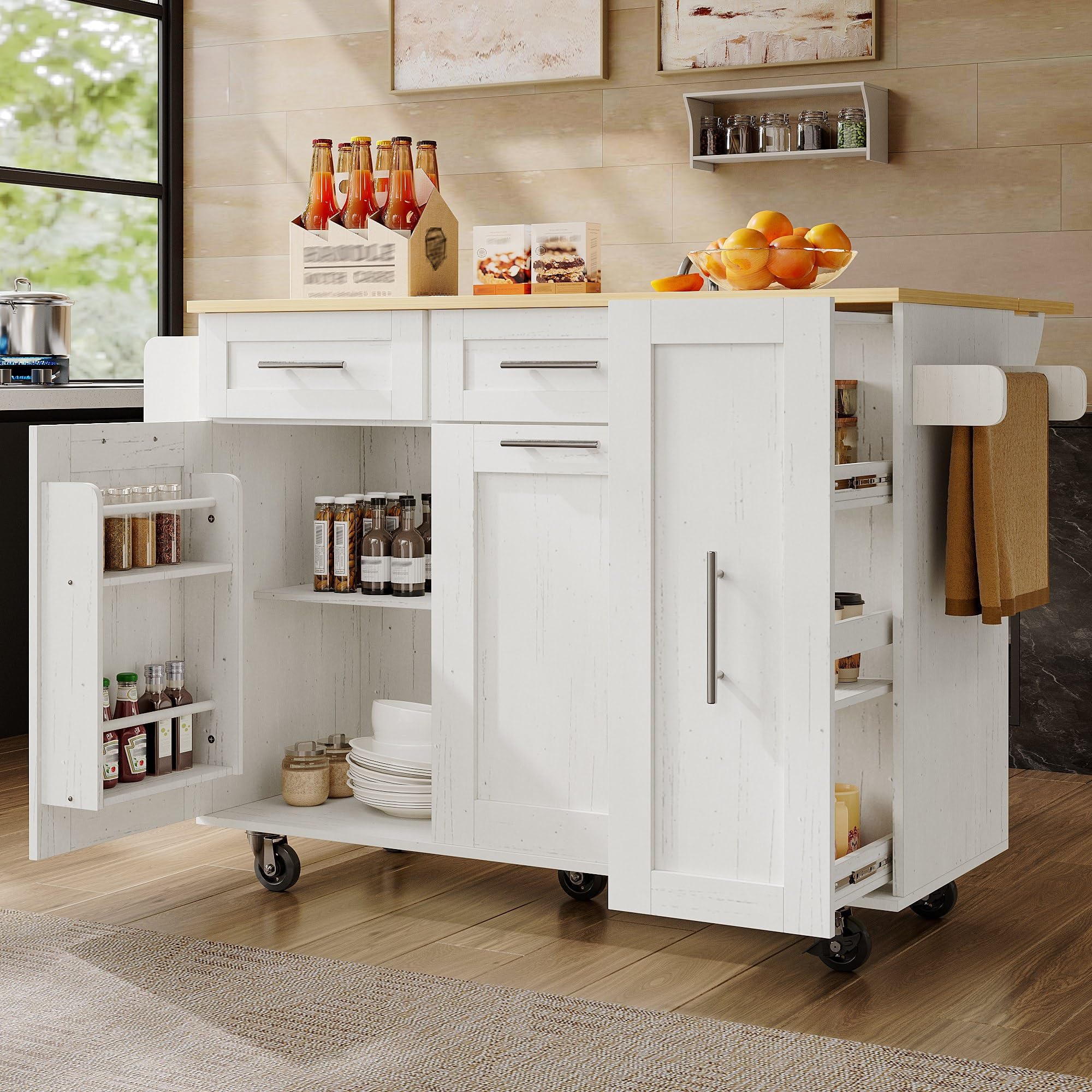 Kücheninsel, Küchenschrank, Buffetschrank, Speisewagen mit Holzmaserung, Multifunktionale Esstisch mit Speicherraum, mit Snackregalen und Stretchfunktionsschränken, Weiß