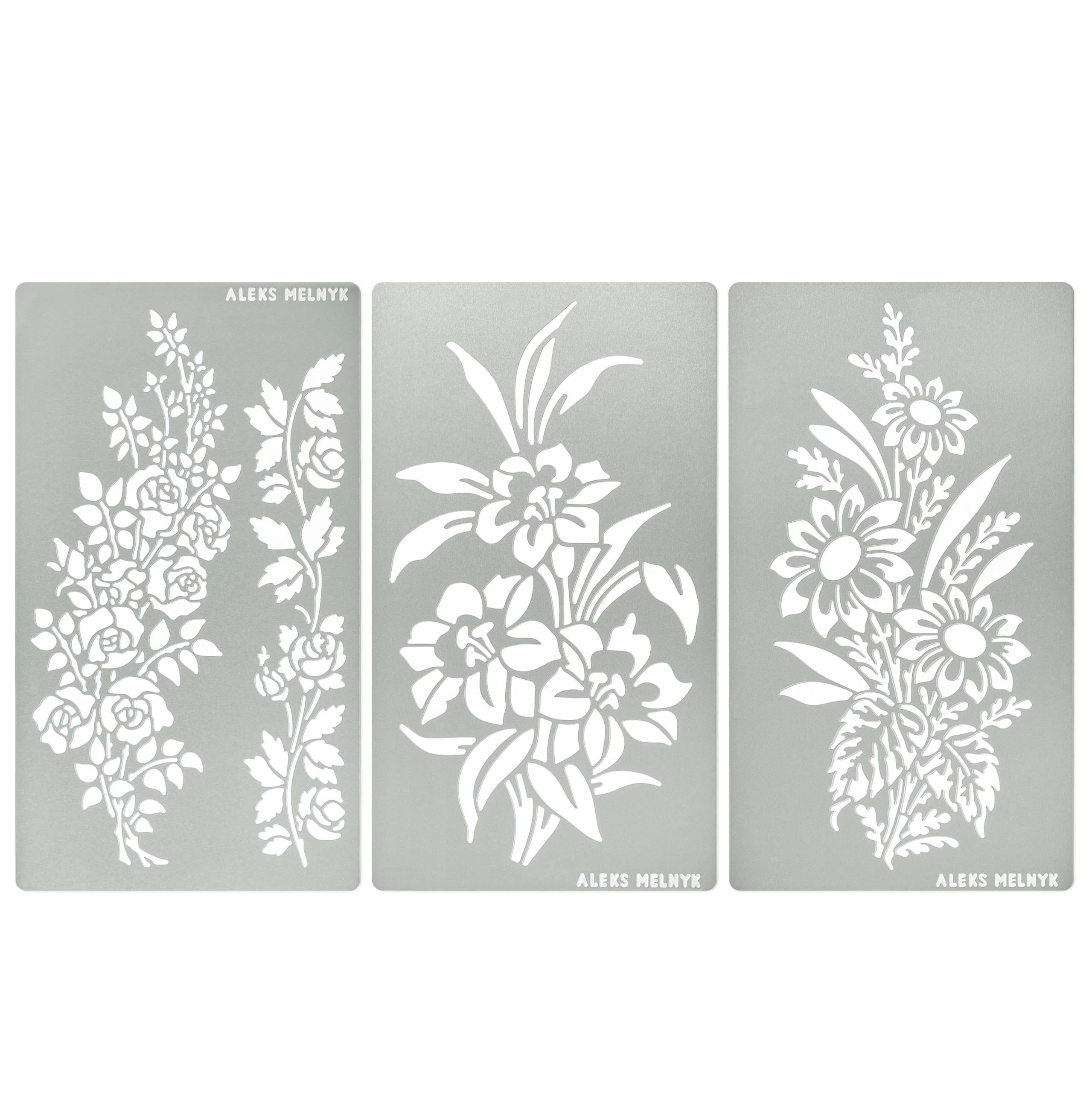 Aleks Melnyk No.511 Metal Stencils, Rose Flower Branch, Rose Vine, Swirls, Leaf Blossom, Small Stencils, 3 PCS, Templates for Wood Burning, Engraving,