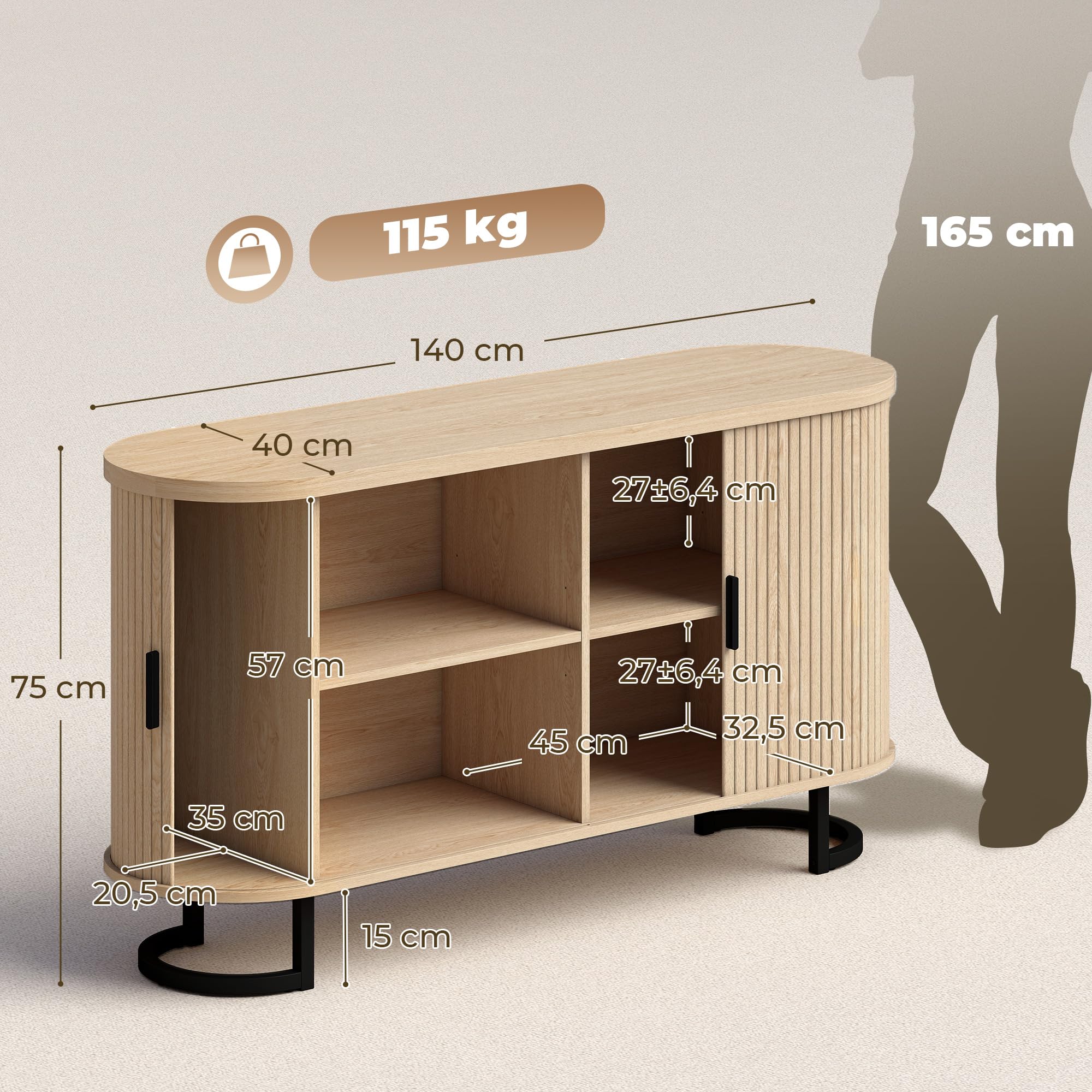 HOMCOM Sideboard ovale 2 ante scorrevoli 140x40x75cm legno naturale | Mobile contenitore, ripiani regolabili, supporto TV fino a 60 pollici, stile moderno, buffet per cucina e sala da pranzo