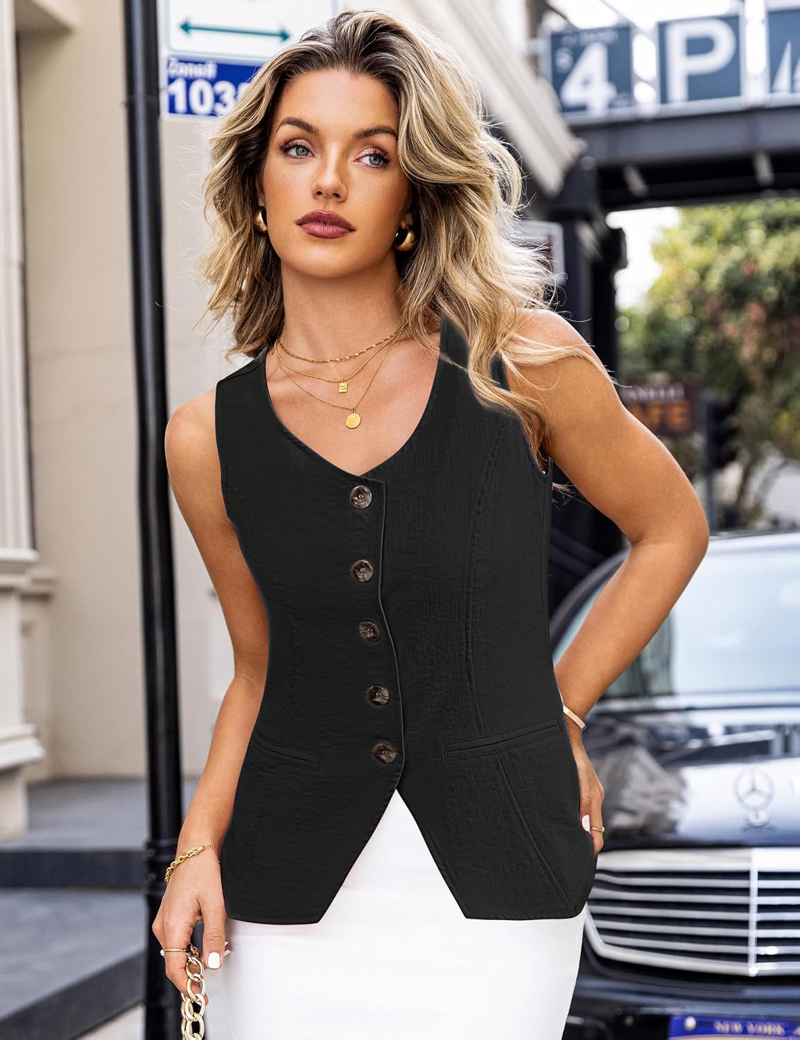 Tralilbee Women’s Sleeveless Vests Blazer Button Down Waistcoat Business Casual Suit Vest Tops S-XL