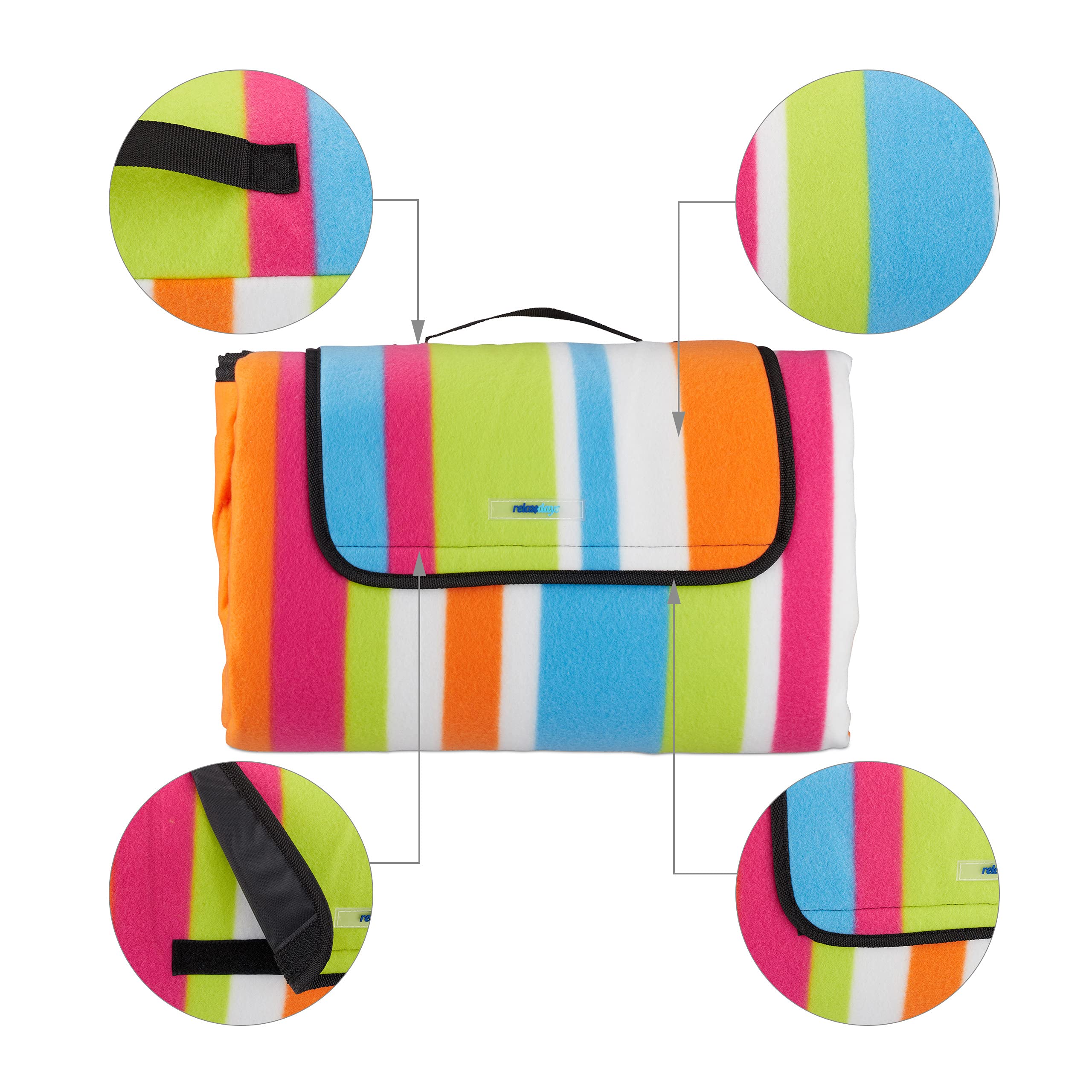 Relaxdays Couverture Pique-Nique Picnic Plaid imperméable 200x200 cm poignée Isolation Tapis, Bleu-Blanc, Coloré