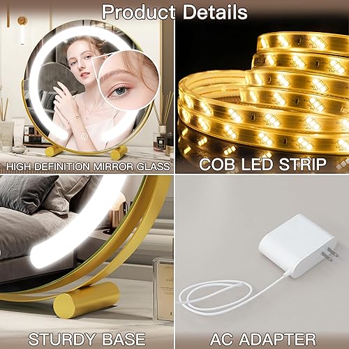 Miniatura 5 de FENNIO Espejo de tocador con luces, espejo de maquillaje con luz LED COB de 13 pulgadas, espejo de maquillaje redondo con luces con iluminación de 3