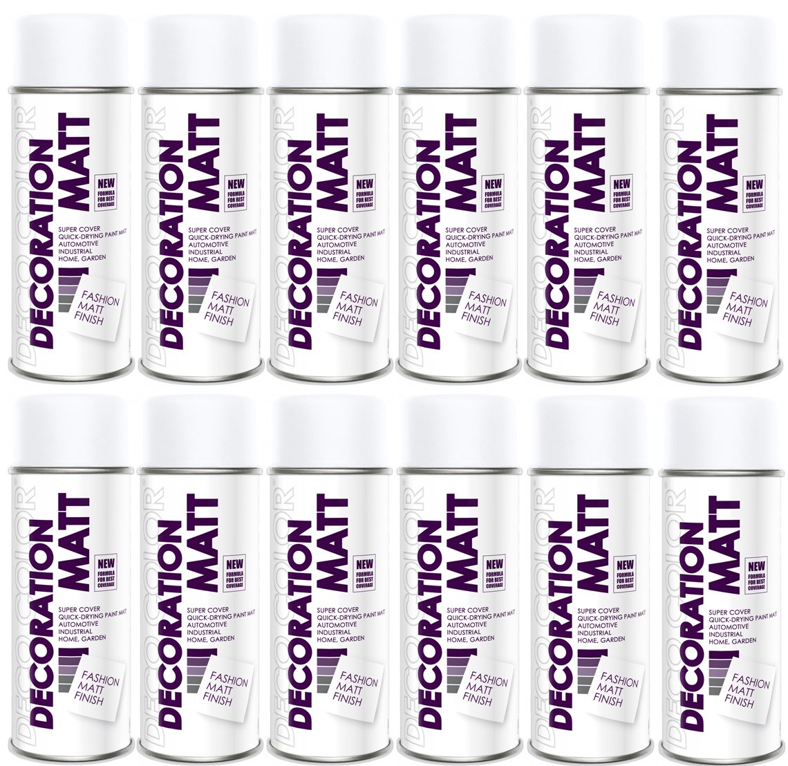 Deco Color 12er Sparpack Lackspray MATT nach RAL in 400ml zur Lackierung von Auto Stahl Aluminium Beton Holz (12 Dosen in verkehrsweiss MATT RAL 9016)