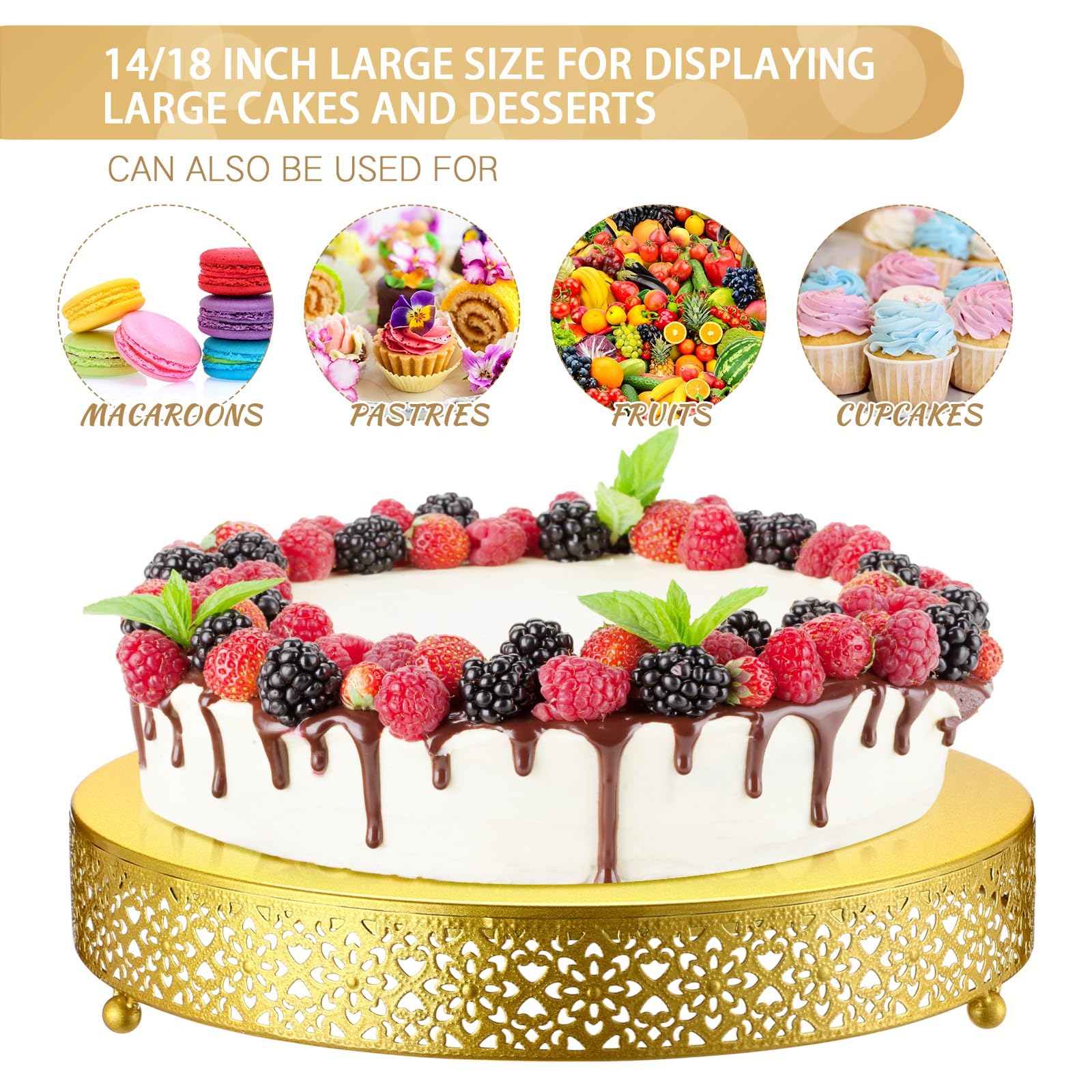 Wenqik Alzata rotonda in metallo per cupcake, dessert, torte nuziali, biscotti, vassoio da portata per frutta, per matrimoni, compleanni, anniversari, feste (oro, 35,5 cm)