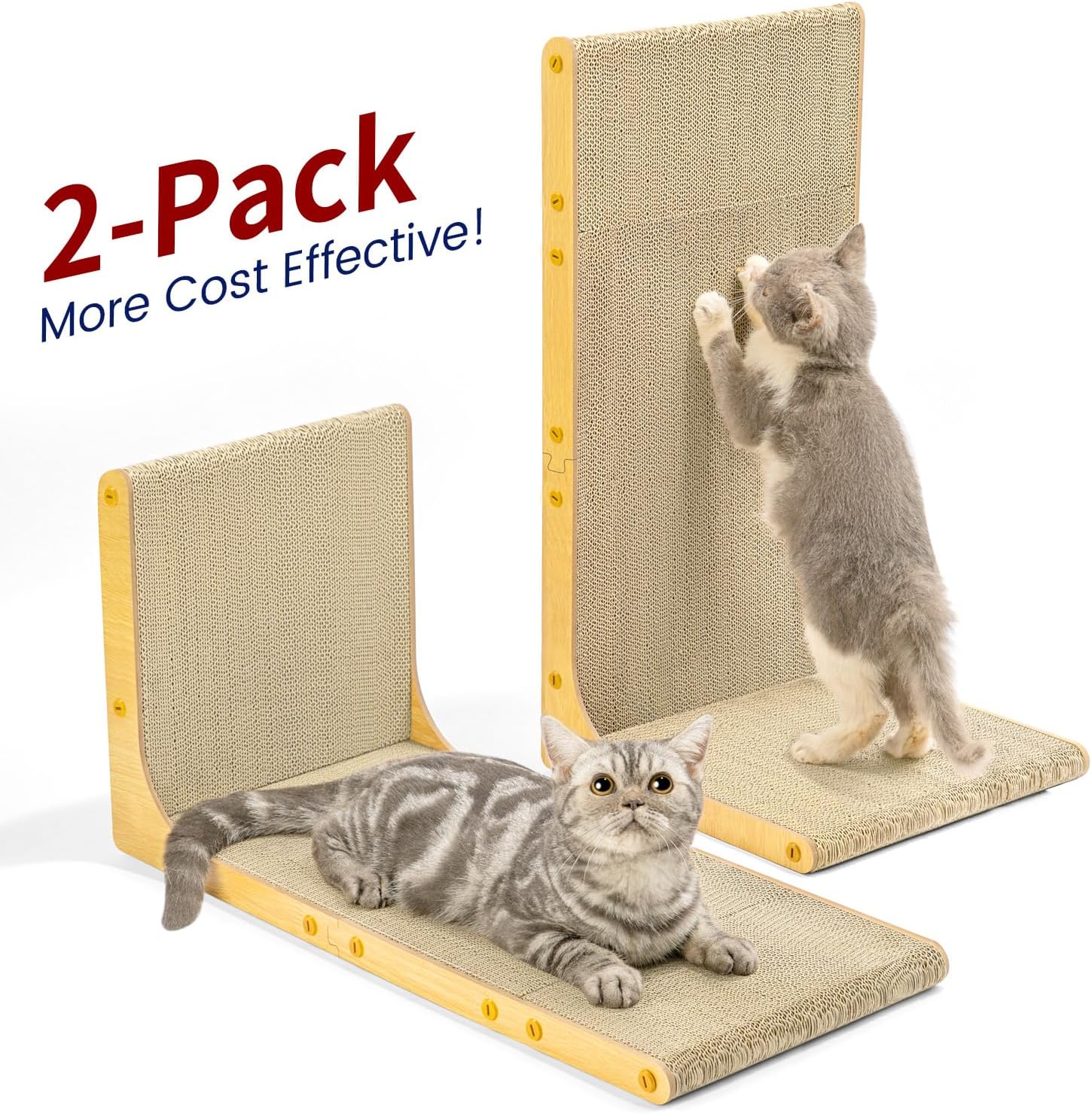 Cardboard Cat Scratcher, 23" L-Shaped Scratch Pad, Vertical Wall-Leaning Scratching Board to Protect Furniture for Indoor Cats,Wood Grain Large,2-Pack