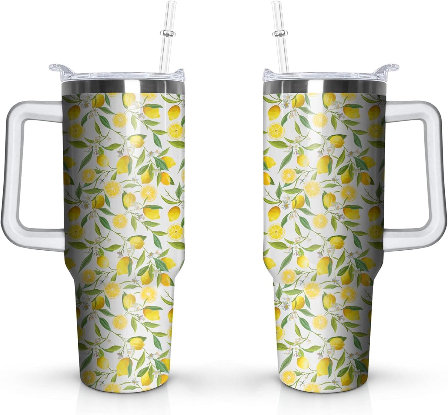 40 OZ Lemon Tumbler with Handle and Straw Lid Leak Proof - Stainless Steel Lemon Cups Gifts Mothers Day, Insulated Lemons Mugs Keeps Drinks Hot Cold Ice - Birthday Gift for Women Girls