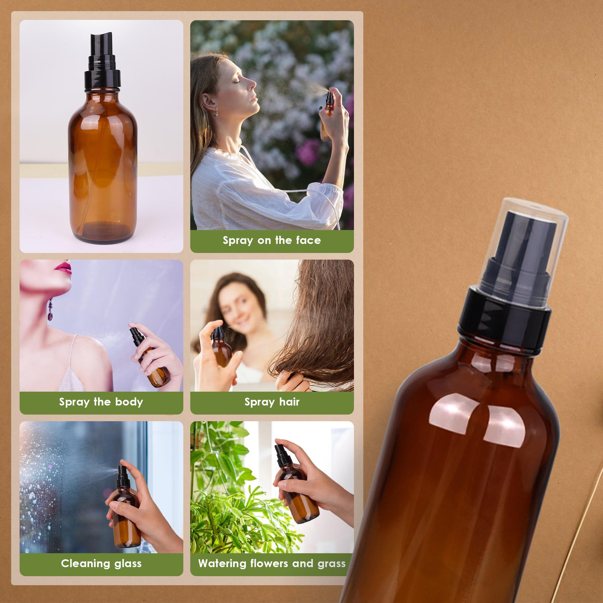 Flaconi spray ambrati da 113,4 g, piccoli flaconi vuoti a nebulizzazione fine spray, contenitori riutilizzabili, set di 4, inclusi 2 spruzzatori, 2 imbuti, 1 contagocce e 8 etichette