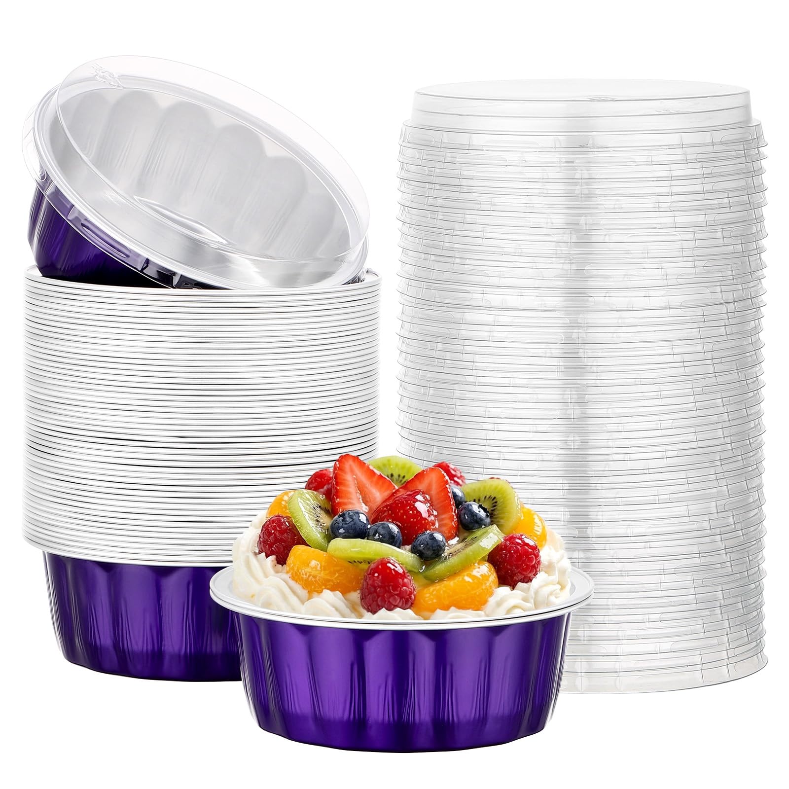 Beasea 8 oz Disposable Ramekins with Lids, 50 Pack Aluminum Foil Baking Cups with Lids, Creme Brulee Muffin Cupcake Mini Pudding Foil Ramekin for Party Wedding Birthday - Violet Purple