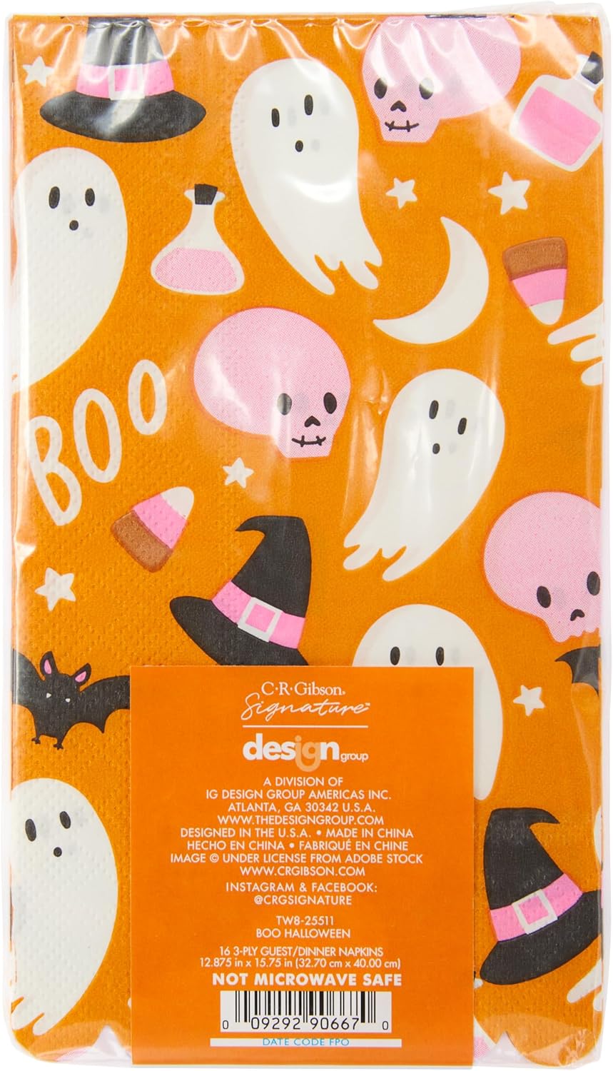 C.R. Gibson Guest Dinner 3-Ply Napkins, Boo Halloween - Scallop Edge, Holographic Foil Accents 16-Count, 4.25" x 8"