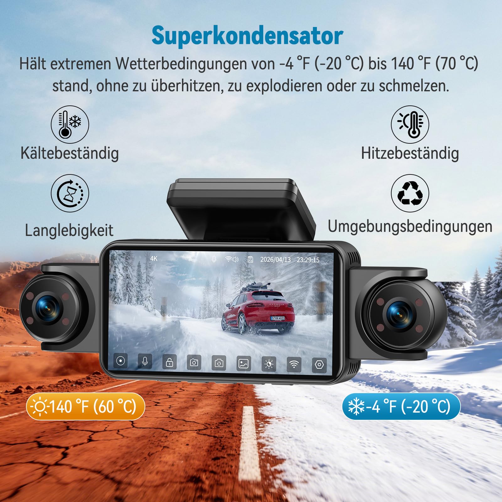 4k Dashcam Auto Vorne Hinten mit 5 Zoll Großes IPS Touch Display | 4 Kanal Dash Cam Auto Kamera 360°-Überwachung,Kostenlose 64GB-Karte,WDR-Nachtsicht,G-Sensor,24/7 Parkmodus,Loop-Aufnahme,App