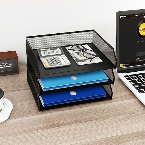 Miniatura 8 de Natwind Bandeja de papel apilable de 3 niveles, organizador de escritorio de malla metálica, organizador de escritorio A4, bandejas apilables,