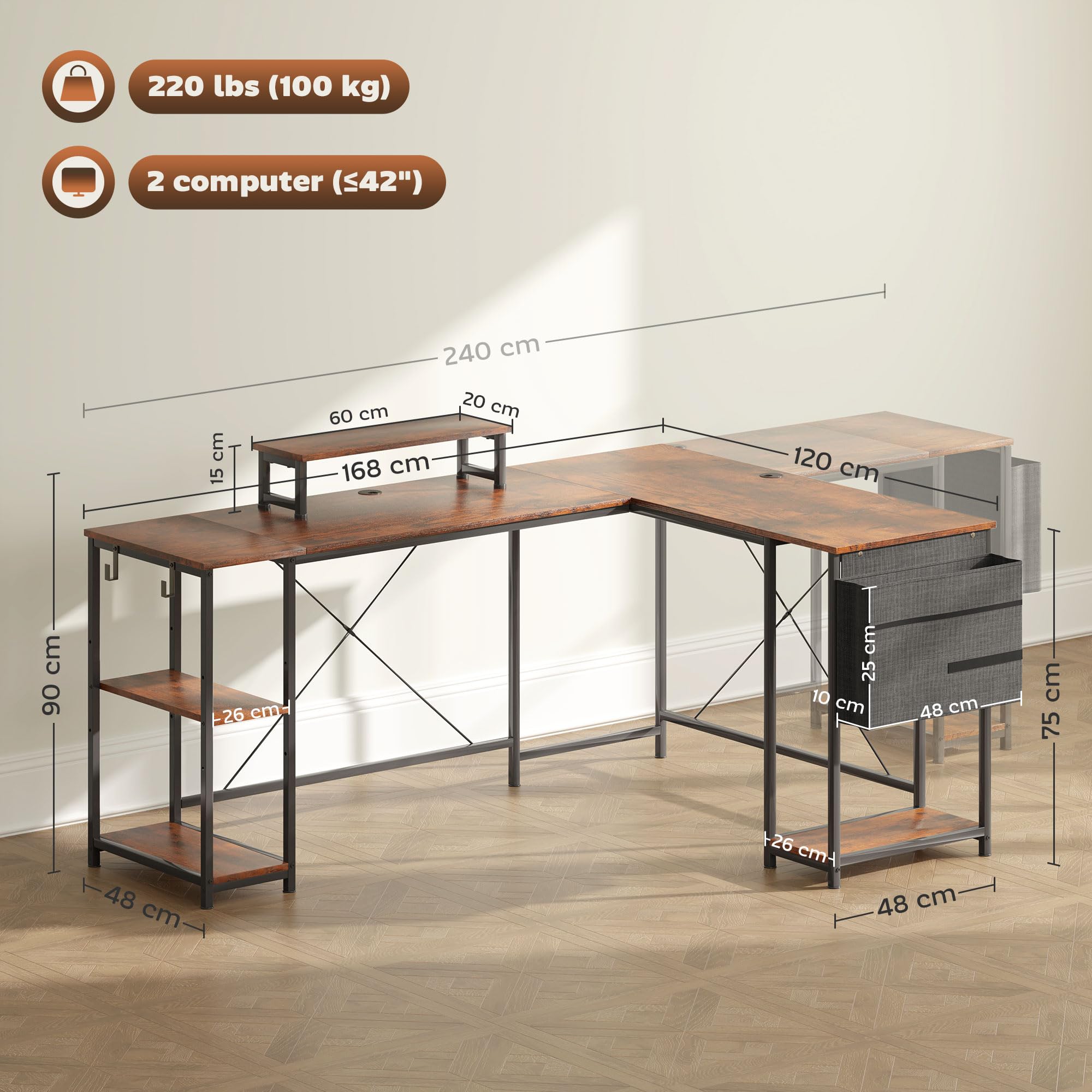 HOMCOM Bureau d'angle Réversible Étagère Réglable 168-240 cm Brun Rustique