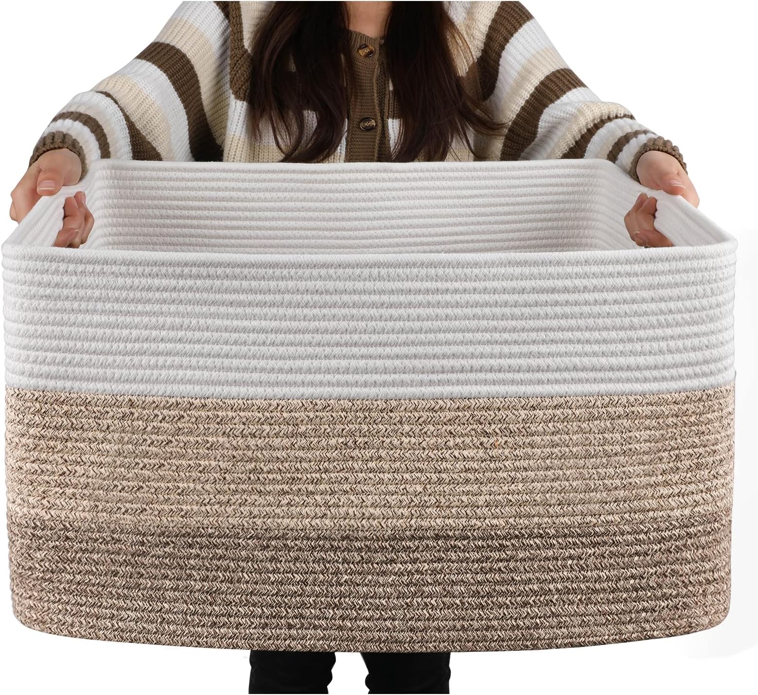 OIAHOMY Large Rectangle Blanket Basket, Woven Nursery Cotton Rope Baskets for Storage, Living Room, Toy Organizing With Handle-22”x17”x12”-Gradient Yellow