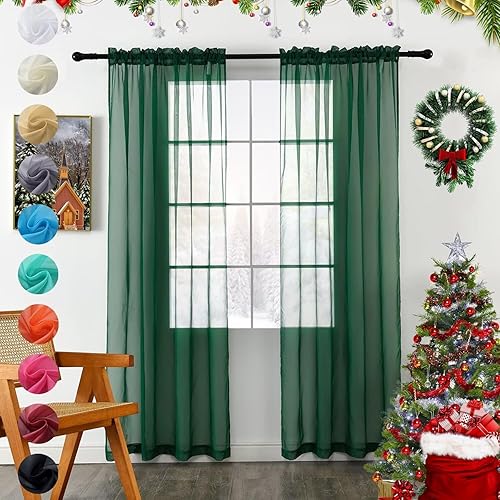 Youleyar Cortina de gasa transparente sólida con bolsillo para barra, 2 paneles de cortinas de gasa blancas, beige, negro, verde follaje de 38