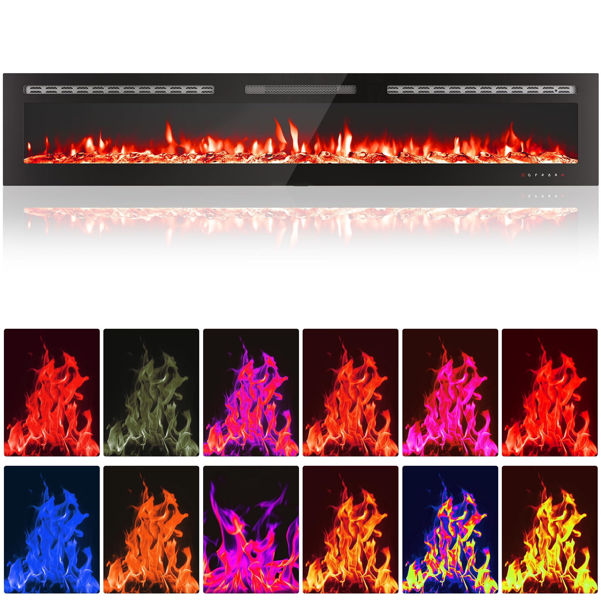 88" Electric Fireplace, In-Wall Smart Electric Fireplace Recessed &amp; Mounted, Dual Heat 750/1500W with Remote, WiFi-Enable Adjustable Flames, Touch Screen Thermostat 60-99°F, Timer, Log &amp; Crystal Decor