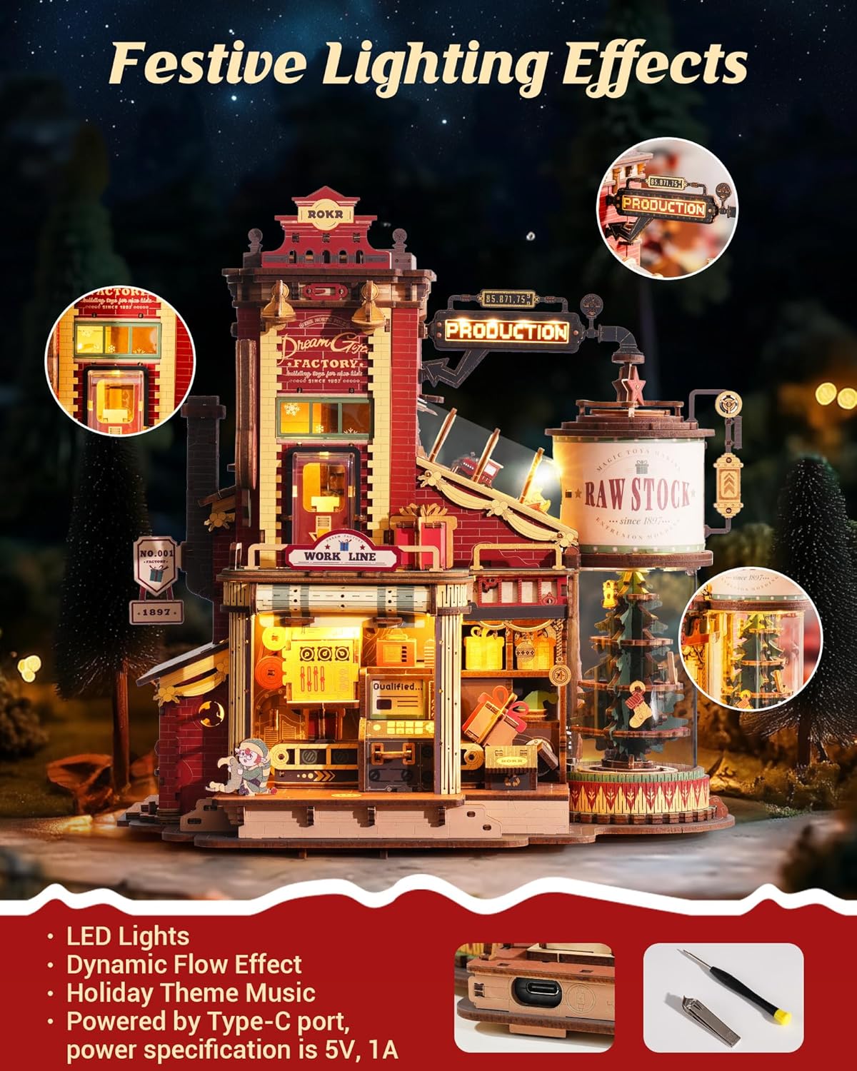 ROKR 3D Wooden Puzzle for Adult - Gift Factory Mechanical Model Kit with Music & Lights, 449pcs Adult Wooden Puzzles, DIY Building Toy for Adults