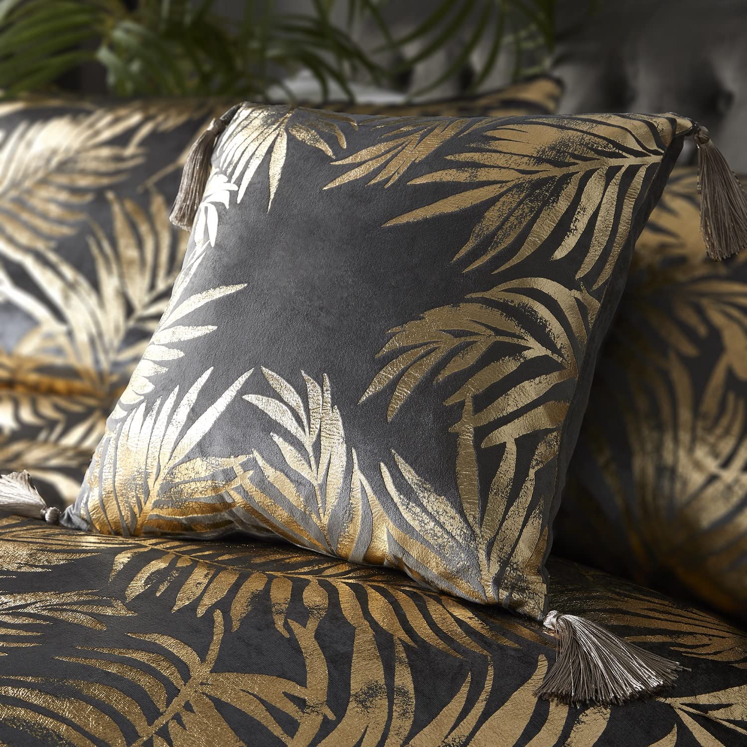 Laurence Llewelyn Bowen Velvet Tropical Leaf Filled Cushion First Dates Sofa Bed Chair Slate Grey 17x17 in