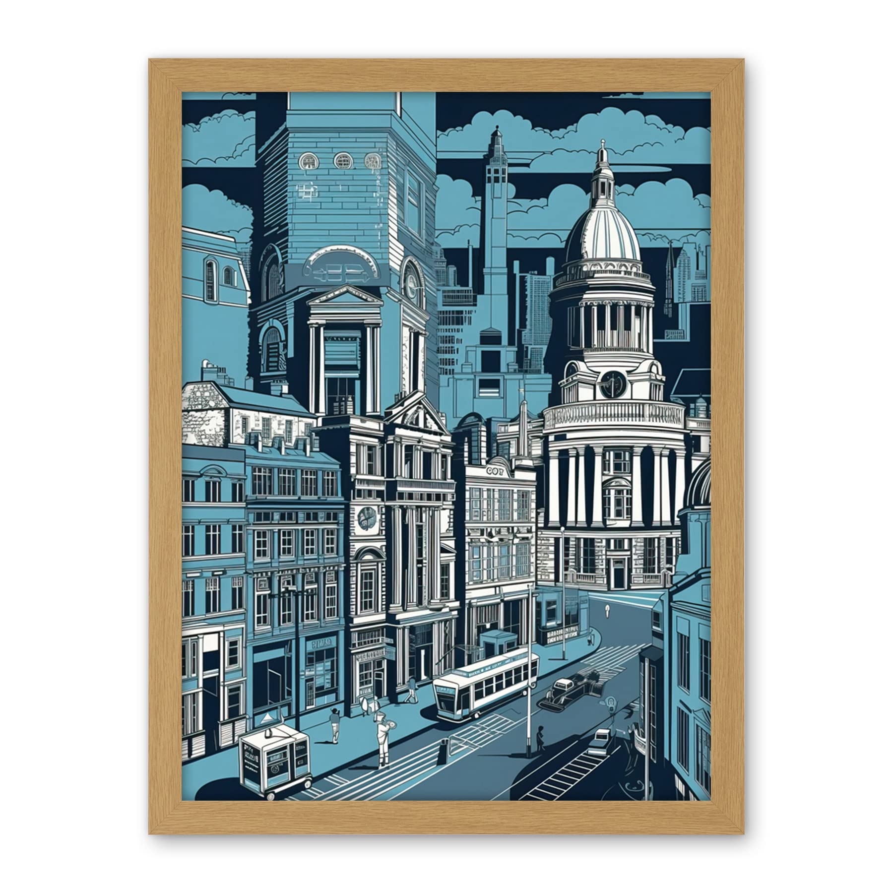 Artery8 Belfast Cityscape City Centre Hall Linocut Style Artwork Framed Wall Art Print 18X24 Inch