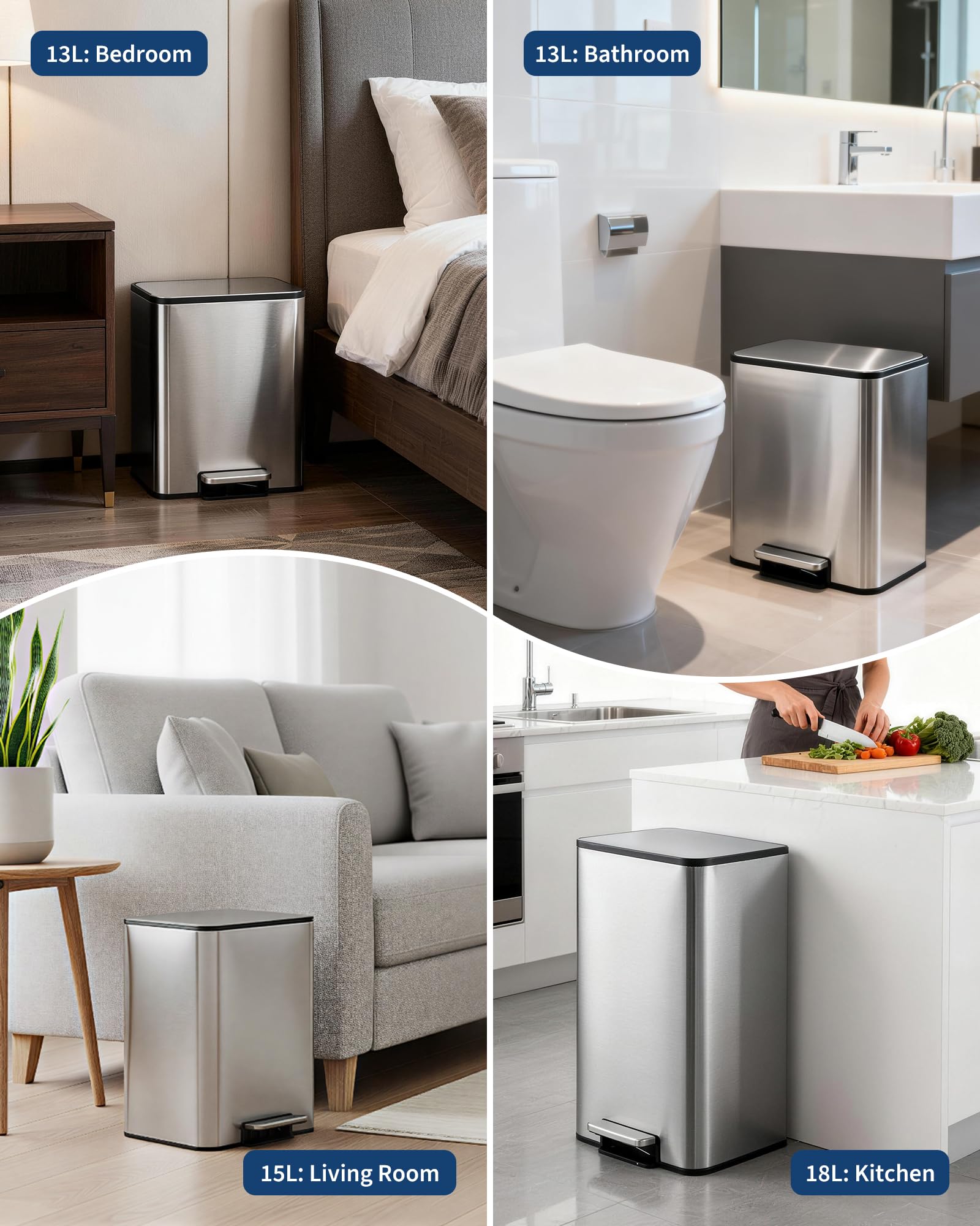 13L Edelstahl Mülleimer, Soft-Close Treteimer, Mülltrennung, Silber | Herausnehmbarer Inneneimer, Anti-Fingerabdruck, Platzsparend, Bad & Büro, Geruchsverschluss, Rutschfest, Robust