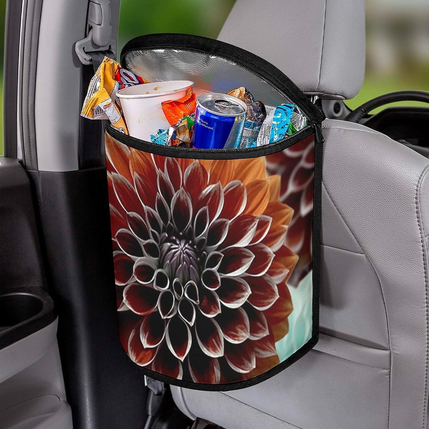 Hanging Car Trash Bag Dahlia Flower Printed Car Garbage Storage Bag Leakproof Car Trash Can Portable Garbage Storage Bags
