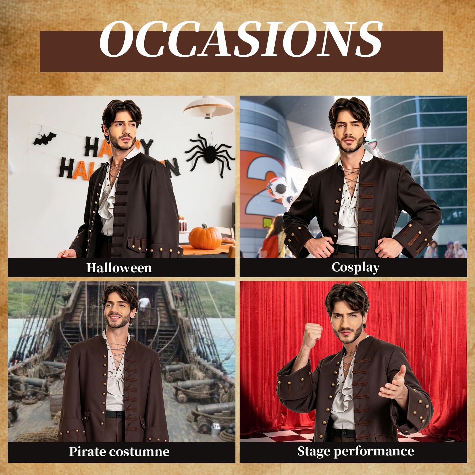 Men's Medieval Pirate Steampunk Captain Halloween Cosplay Costume Coat, Brown, Medium