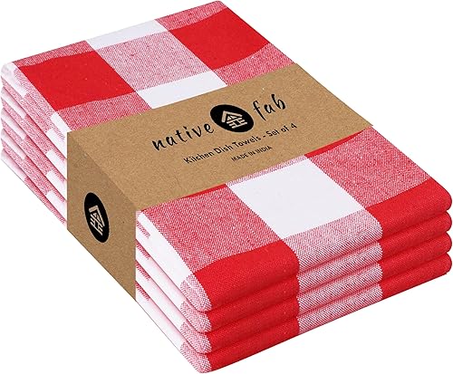 Native Fab Paquete de 4 toallas de cocina con lazo para colgar de 16 x 26 pulgadas, toallas de cocina de algodón a cuadros para limpiar el secado,