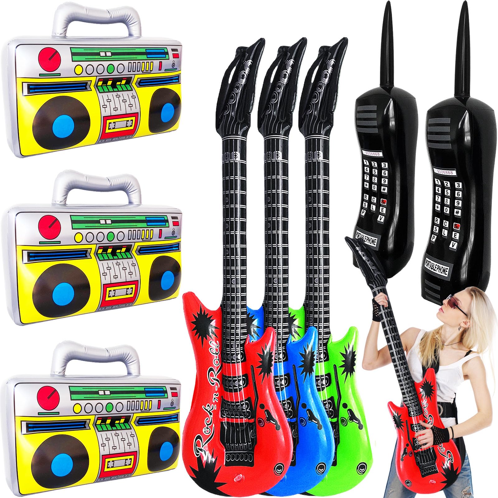 8 Pcs Inflatable Radio Boombox Retro Inflatable Mobile Phone Rock Inflatable Guitar Toy Set,Blow up Props for 80s 90s Party Decorations,Hip Hop Theme