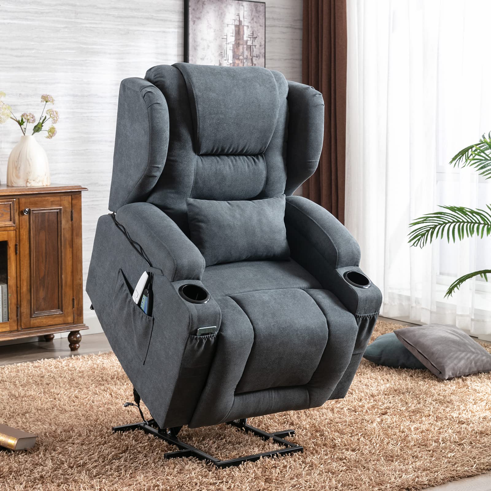 (BOX B)Lift Chairs Recliners for Elderly, Fabric Overstuffed Power Recliner Chair with Massage & Heat Vibration, Side Pockets, Soft Relax Chair for Living Room (Fabric, Blue)