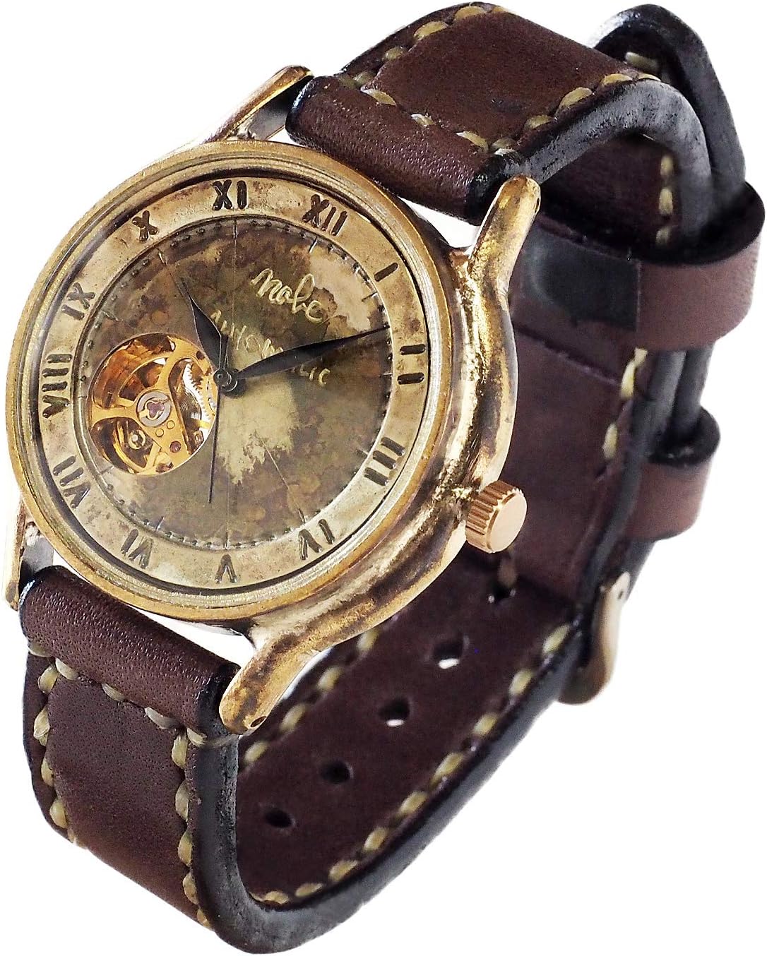 Watanabe Koubou Handmade Watch Automatic Skeleton Back Jumbo Brass "Open Heart" Roman Numerals Hand-sewn Belt [NW-BAM060-RO-T] (Made to Order)