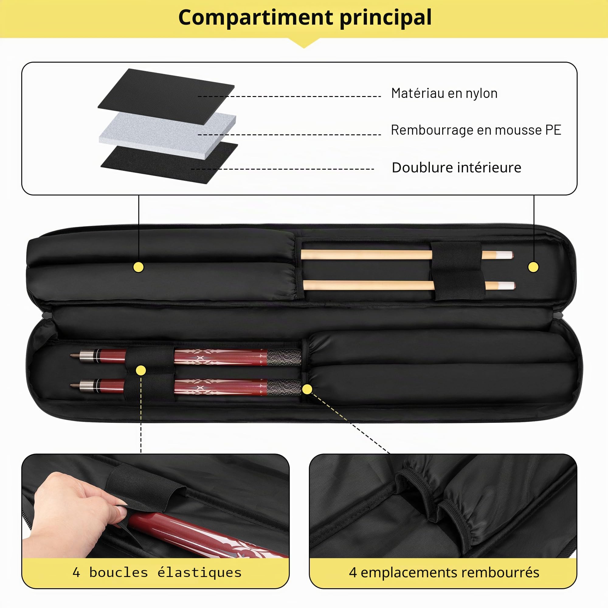 Rexmica Étui de Transport pour Queue de Billard avec poignée et bandoulière Amovible, avec Poche Avant pour Accessoires