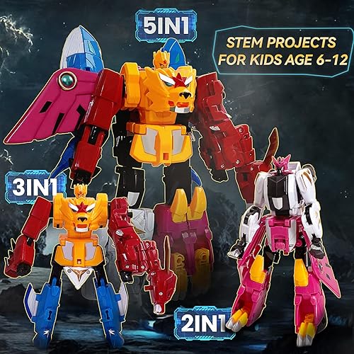 Miniatura 7 de STOULKD Juguetes de animales de deformación robot 5 figuras de acción, incluyendo león dragón ballena, oso fénix oso, combínalo en un robot,