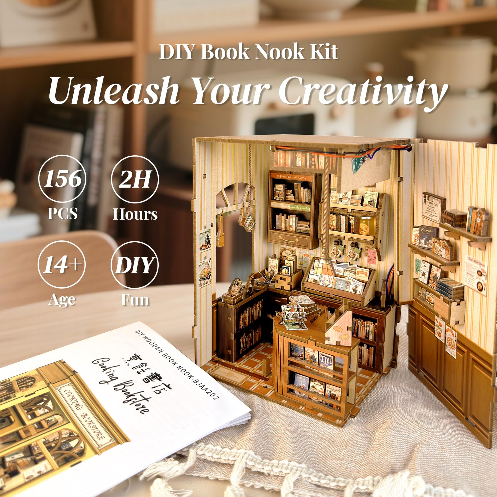CUTEBEE Book Nook Kit - Miniature Legname 3D Casa Prefabbricata, DIY a Tema Cucina per Adulti, Regalo Ldeale per Gli Appassionati di Cucina e per La Casa, Regalo di Compleanno (Cooking Bookstore)