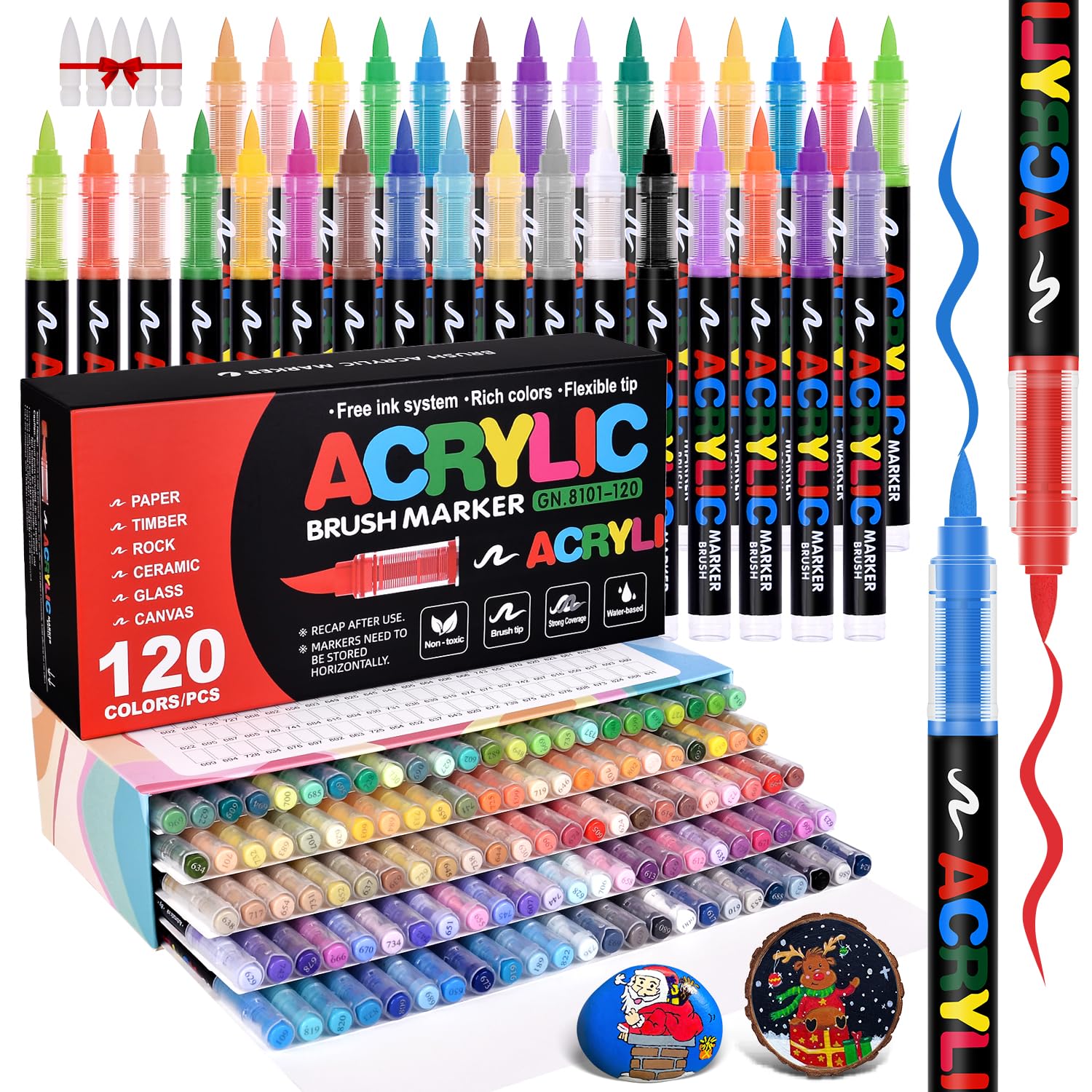Acrylic Paint Markers Brush Tip 120 Colors with Automatic Ink Control | Water-Based Acrylic Markers for School Classroom, Waterproof Paint Pens, DIY Art &amp; Crafts—Fabric, Wood, Metal, Rock, Glass