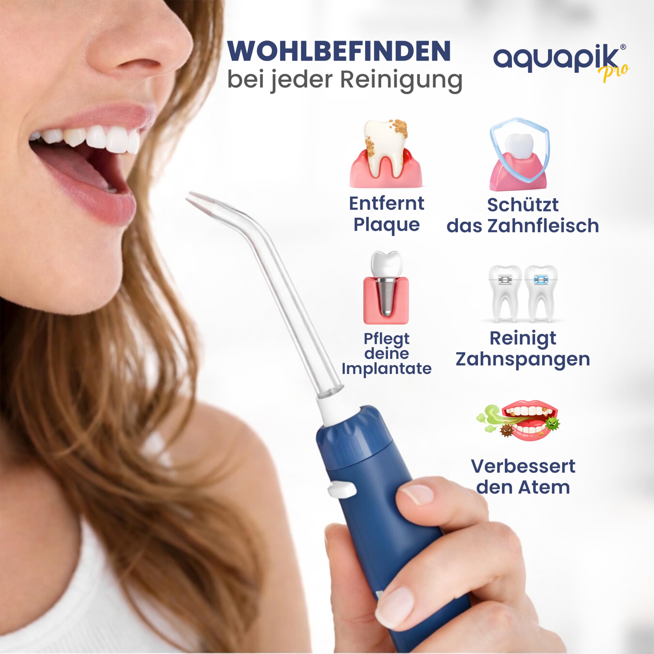 Aquapik PRO Munddusche 600 ml 10 Druckstufen 8 Aufsätze mit Precision Pulse.