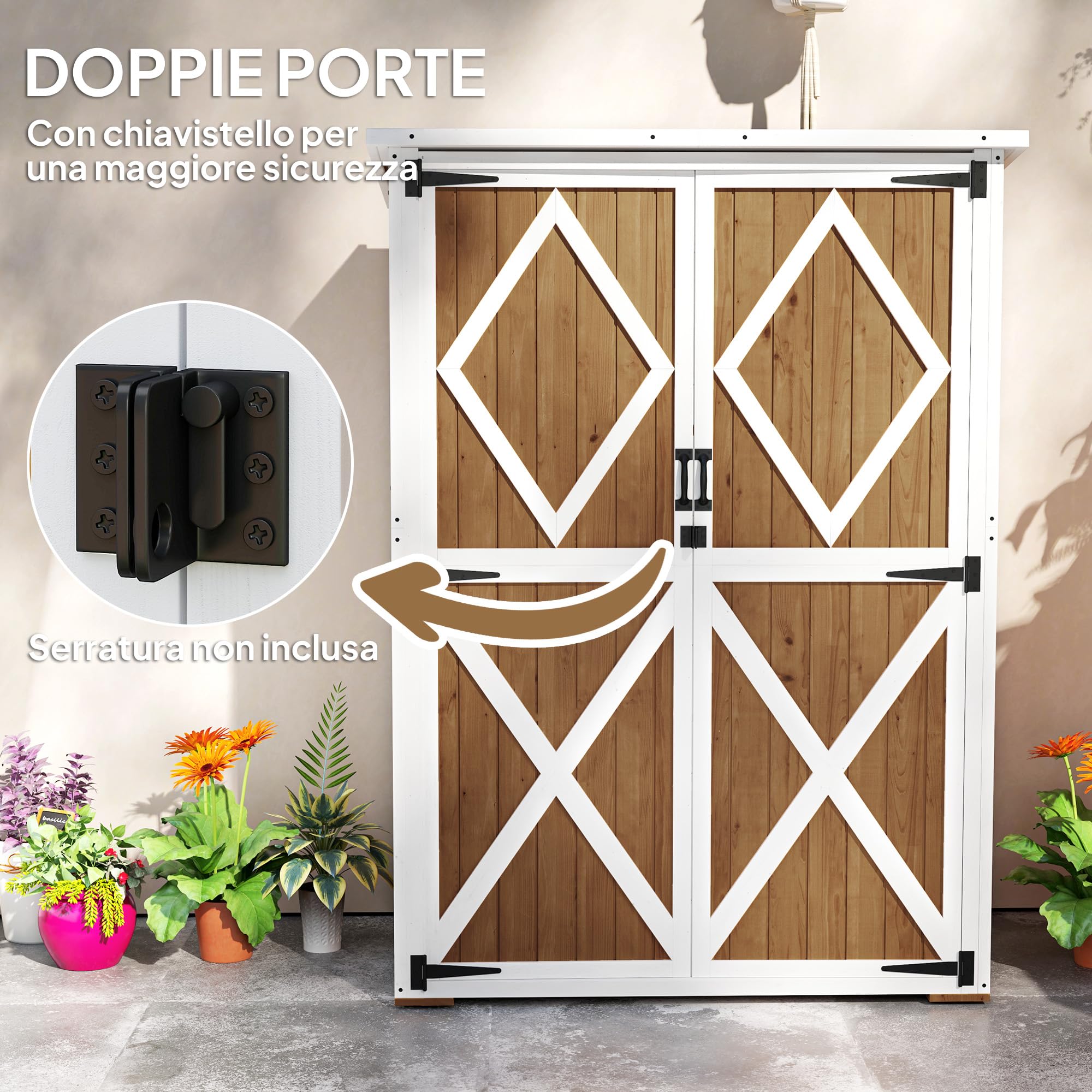 Outsunny Casetta da Giardino 0.55 m² con 2 Ripiani, 2 Porte con Serratura e Piedi Regolabili, Casetta Attrezzi Giardino in Legno di Abete e Tetto in Bitume, 116.5x57x159/167 cm, Marrone e Bianco